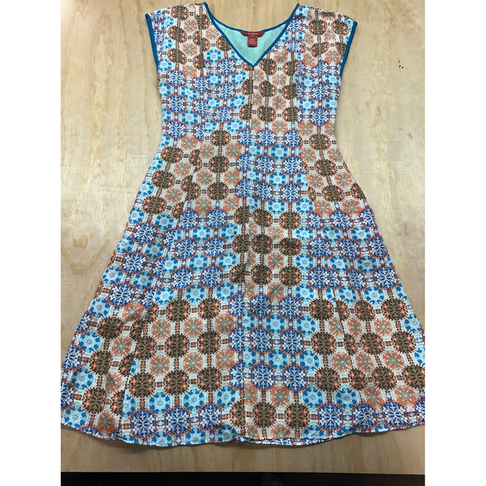 Sundance Womens 10 Blue Orange Geometric SILK Mosaic Print VNeck Fit Flare Dress